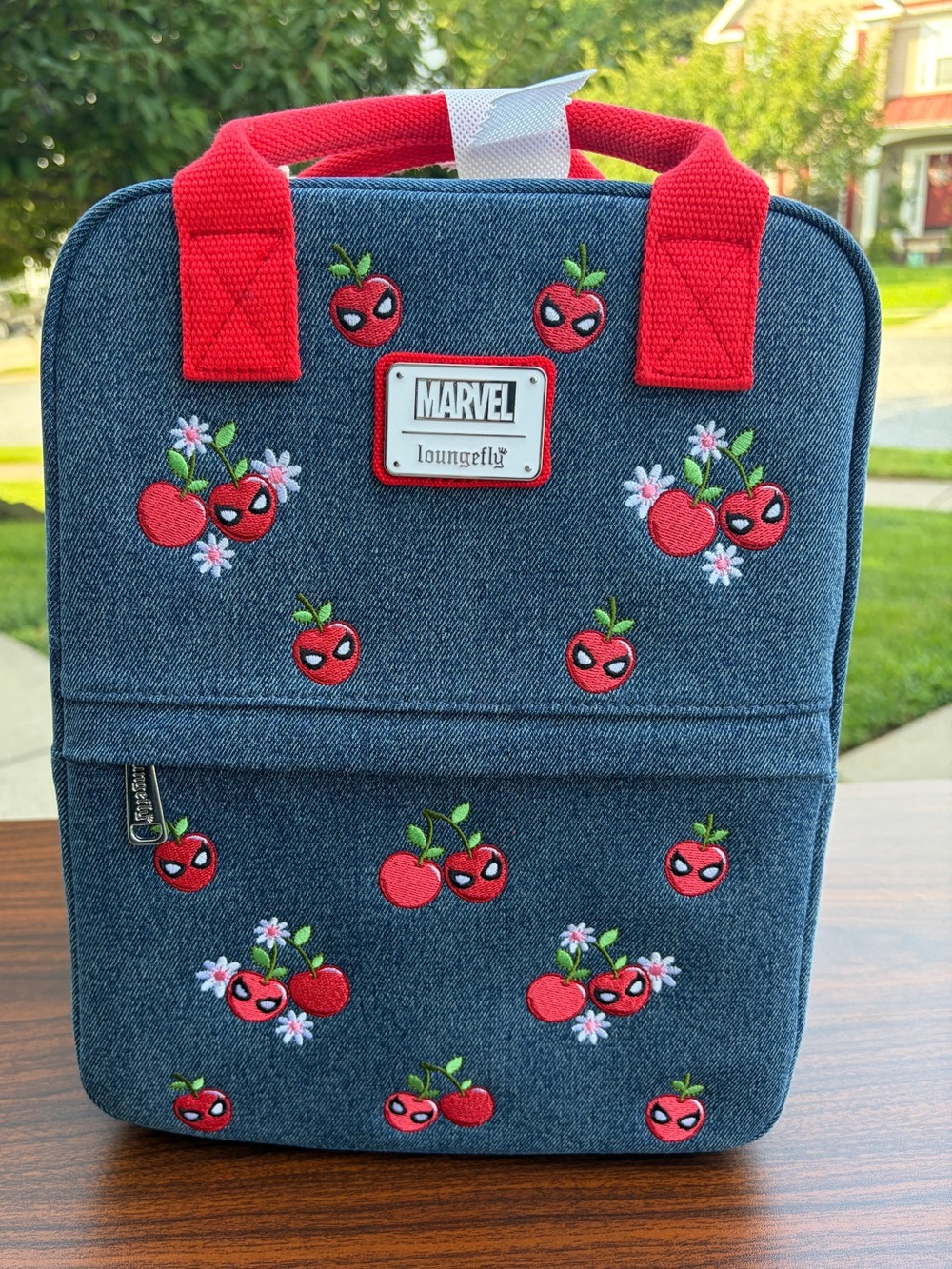 Loungefly Marvel Spider-Man Cherries Denim Mini Backpack BoxLunch Exclusive NWT